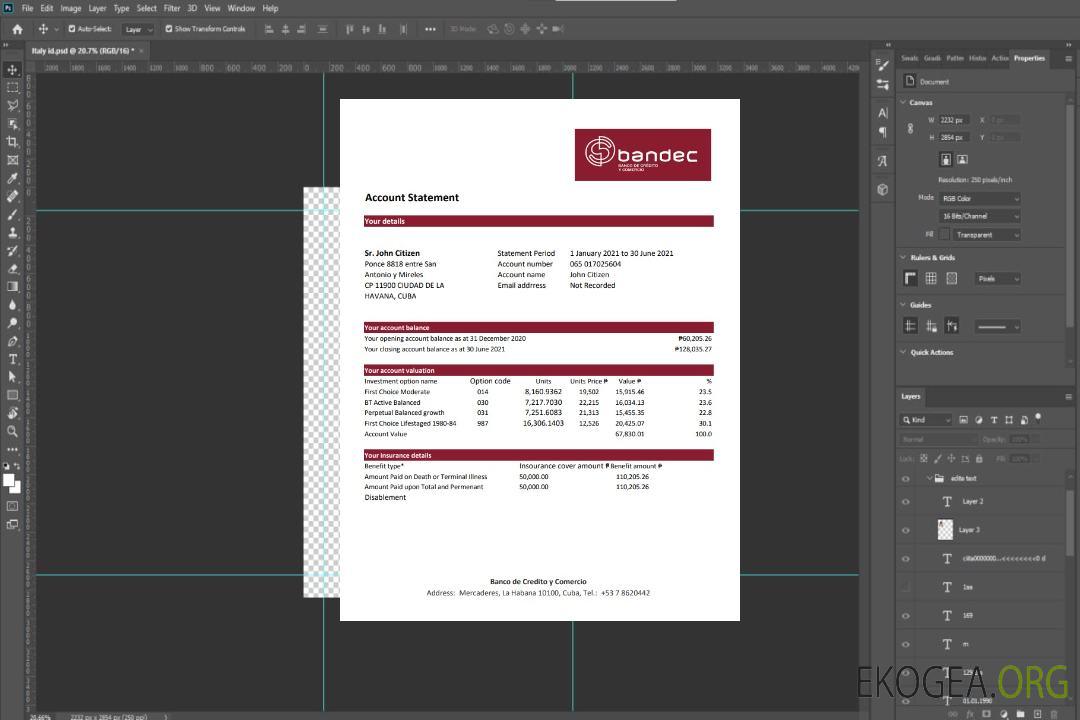 Relevé bancaire Cuba Bandec Banco de Credito y Comercio modèle facile à remplir au format de fichier .xls et .pdf template